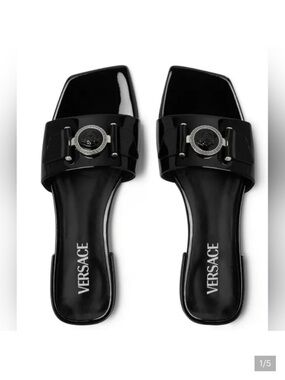 Versace Black Patent Square-Toe Slide Mules with Medusa Coin Size 40 (9)